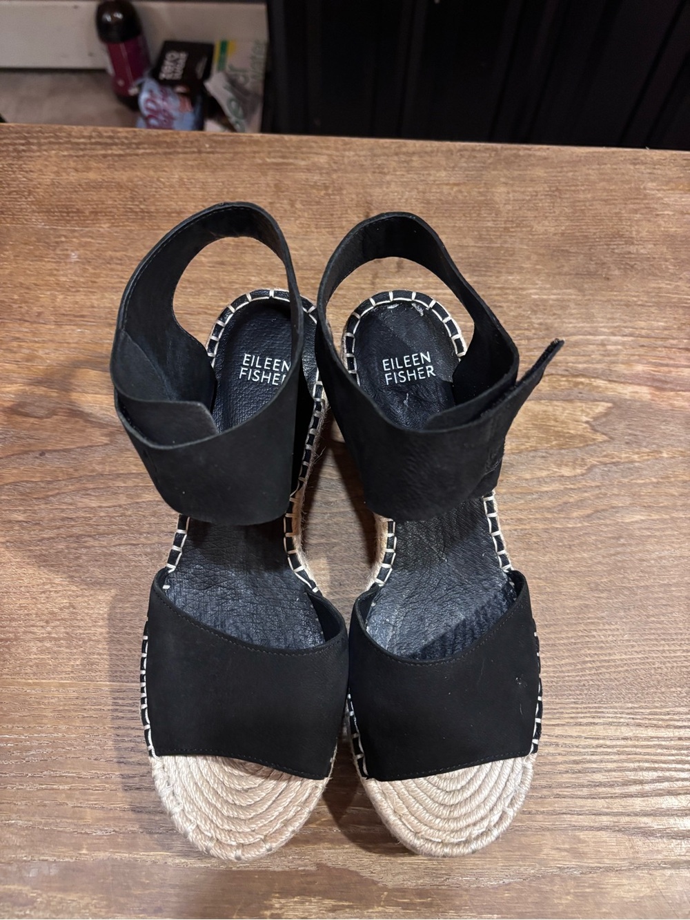 Eileen Fisher Black Espadrille Wedge Sandals with Ankle Strap